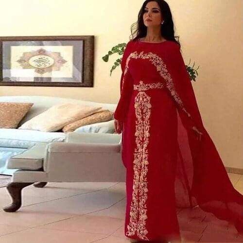 Red Moroccan Kaftan Caftan Muslim Evening Dresses A-line Long Sleeves Chiffon Appliques Dubai Arabic Turkey Abaya Islamic Gown