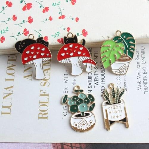 Kawaii Enamel Alloy Charms 50pcs Cute Mushroom Potted Plant Pendants Fit Bracelet Necklace Earring Ornament Accessories