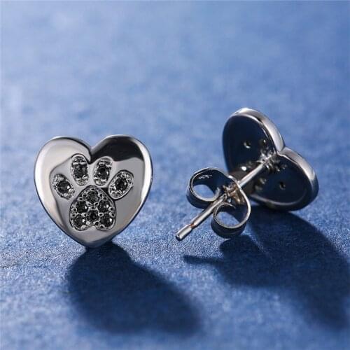 Cute Female Small Black Zircon Stone Stud Earrings Silver Color Wedding Jewelry Boho Small Dog Cat Paw Claw Earrings For Women