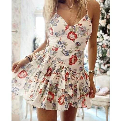 GypsyLady Floral Print Mini Dress Summer Holiday Chic Dress Women Spaghetti Straps V-neck Ruffles Tiered Party Ladies Dresses