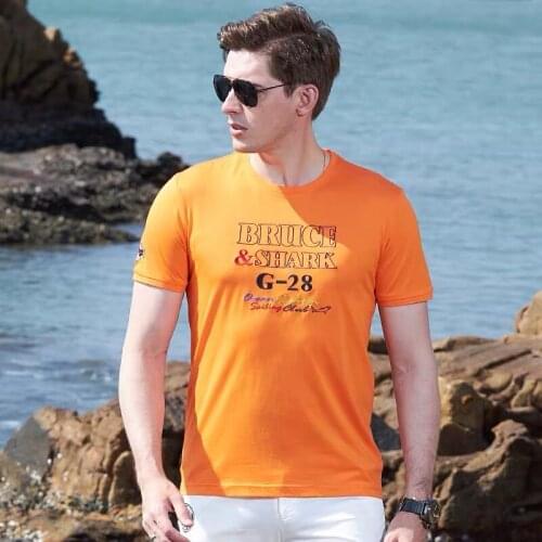 Best Mercerized Cotton Men T-Shirt Tops Male Tees Fashion Bruce&Shark nice embroidery Short Round T-Shirt Homme Camisa big 4XL