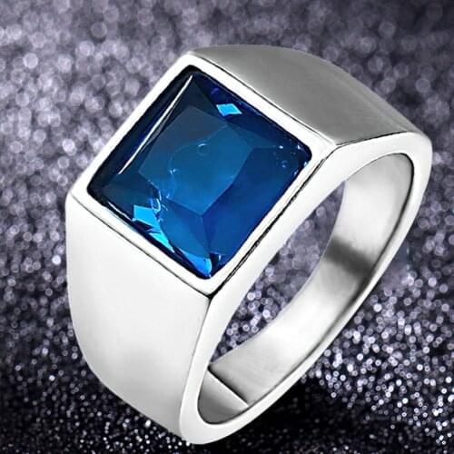 Blue Green Stone Ring For Men Women Square Zircon Rings Stainless Steel Fashion Male Jewelry Accessories