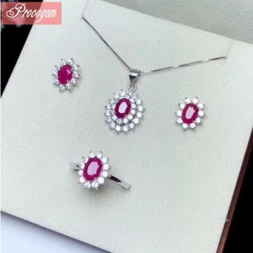 Natural Ruby jewelry sets for women girls Genuine Gemstone with zircon Classic Necklace Ring Earrings 925 Sterling silver #187