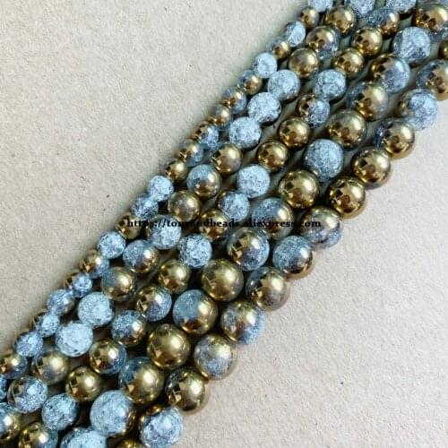 Natural Stone Half Gold Plated Snow Cracked Crystal Round Loose Beads 15" 6 8 10 MM Pick Size For Jewelry Making DIY