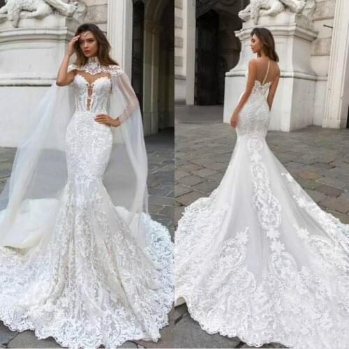 Hot Gorgeous Mermaid Lace Wedding Dresses With Cape Sheer Bohemian Wedding Gown Appliqued Plus Size Bridal Vestido De Noiva