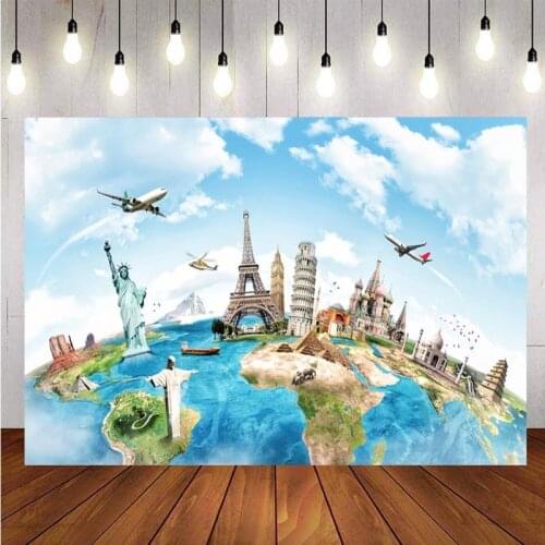Travel World Backdrop Wedding Birthday Party Eiffel Tower Statue Of Liberty Map Photography Background For Photo Studio
