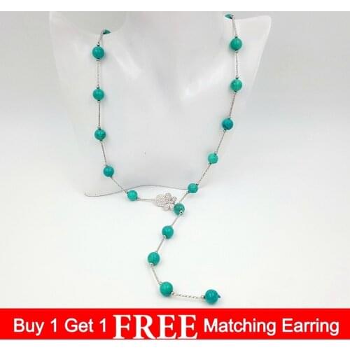 LiiJi Unique Vintage Sweater Chain Necklace Women Turquoises 10mm Stone beads Silver Plated Tassel Pendant Long Necklace Boho