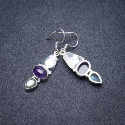 Natural Labradorite and Amethyst Handmade Unique 925 Sterling Silver Earrings 1.5" Y2404
