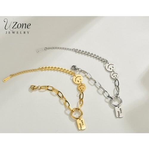 UZone Stainless Steel Thick Chain Bracelets Two Smiley Custom Engrave Name Bracelet for Women Girls Festival Party Jeweley Gift