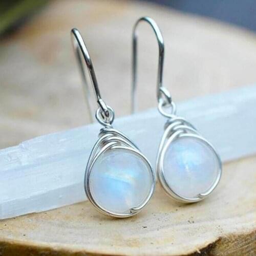 Antique Style Moonstone Drop Earrings For Women Boho Round Opal Earrings Female Wedding Vintage Earring Jewelry