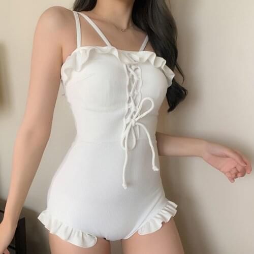 Women One Piece Swimsuit Solid One Piece Two Sets Swimwear Suspender Ruffled Monokini Push Up Swim Suit Korea Style Bathing Suit