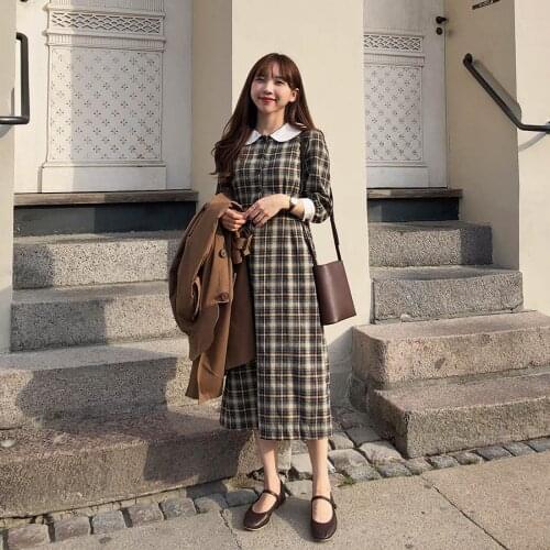 Plus size Autumn Dress Girls Boho Party Female Vintage Dress plaid buttons collar Long Sleeve Women Dresses Long Robe Vestido