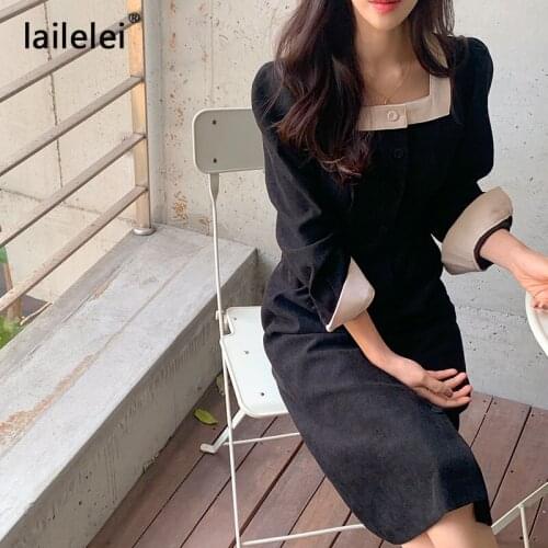 French Elegant Color Matching Square Collar Buttons Women Dress Party Midi Korean Style Vintage Bandage Lace Up Waist Robe Femme