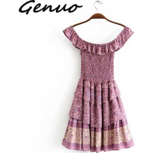 Genuo Mulberry Floral Print Off Shoulder Mini Ruffle Dress Women 2019 New Tiered Boho Dress Elastic Casual Summer Dress