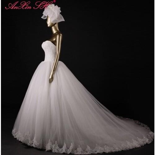 AXJFU Designer Limited edition quality wedding dress fashion lace strapless princess bridal white lace wedding dress
