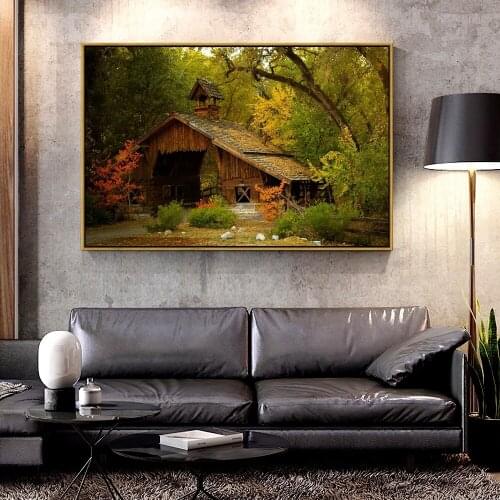 Artcozy Oil Canvas Painting nature_mountain_forest_landscape_fog_house_tree For Home Decoration Wall Art