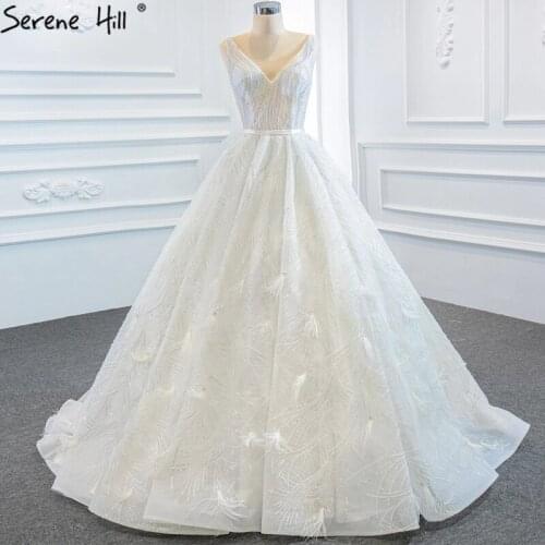 White V-Neck Luxury Sexy Wedding Dresses 2021 Sleeveless High-end Diamond Feathers Bride Gowns HM67178 Custom Made