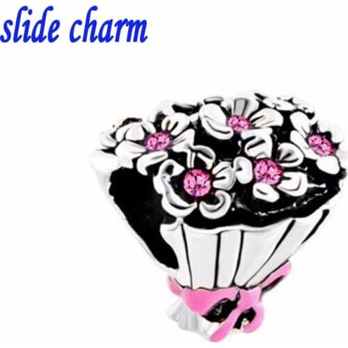 Free shipping New European and American fashion gift for mom was pink crystal floral beads fit Pandora bracelet