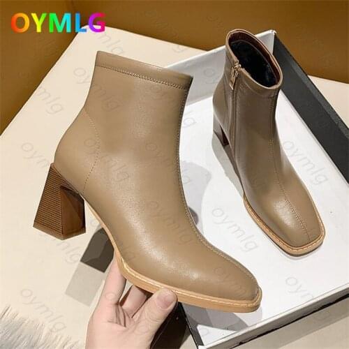 Fashion short boots women 2021autumn and winter new square toe thick heel leather boots temperament fashion high heel boots tide