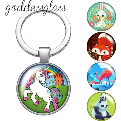 Cartoon Animals Unicorn Flamingo rabbit Fox Round glass cabochon keychain Bag Car key chain Ring Holder Charms keychains gift