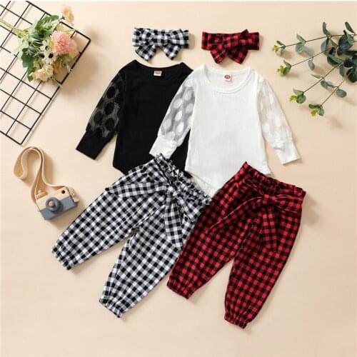 Toddler Infant Baby Autumn Clothes Sets Kids Girls Dots Print Mesh Knitted Bodysuits+Bowknot Plaid Long Pants+Headwear Outfits