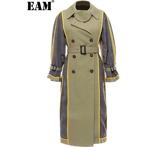 [EAM] Women Plaid Spilit Both Side Wear Trench New Lapel Long Sleeve Loose Fit Windbreaker Fashion Tide Spring Autumn 2021 1H848