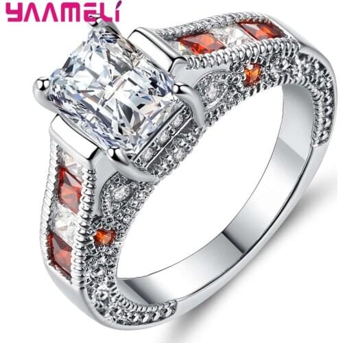 Fine Vintage Real 925 Sterling Silver Orange White Clear Cubic Zirconia Rings For Women Party Fashion Crystal Jewelry Bijouterie