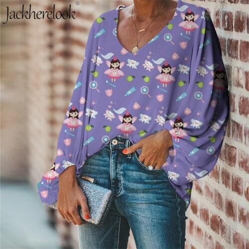 Jackherelook Cute Purple Dentist Fairy Brand Design Pink Blouse Women Plus Size Chiffon Top Tee V-neck Clothing Shirt for Ladies
