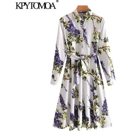 KPYTOMOA Women 2021 Chic Fashion With Belt Floral Print Midi Shirt Dress Vintage Long Sleeve Button-up Female Dresses Mujer