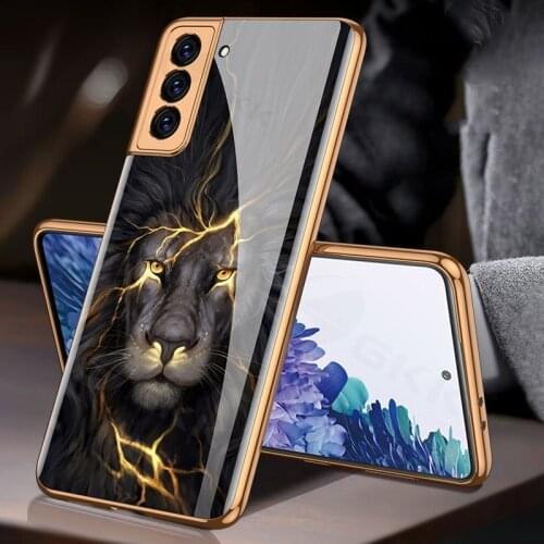 Lion Pattern Case for Samsung Galaxy S21 Ultra 5G Case Luxury Plating Glass Hard Back Cover for Galaxy S21 Plus 5G