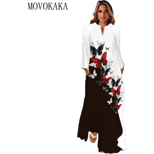 MOVOKAKA Butterfly Print Autumn Dress 2021 Long Sleeve Casual Breathabl Dresses Woman Elegant Girls Black White Long Dress Women