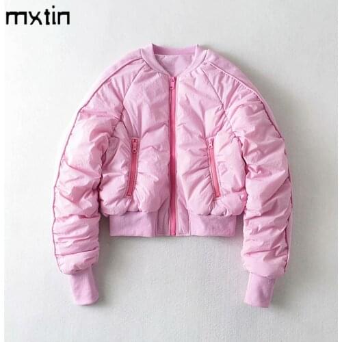 MXTIN 2021 Women Winter Vintage Solid Cotton Pockets Jackets Fashion O-Neck Long Sleeve Warm Parkas Female Outerwear Tops Mujer