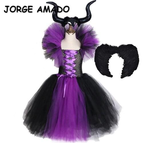 2021 New Summer Kids Girl Cosplay Witch Dress Red Purple Sleeveless + Wing+ Headwear Festival Costume Children Clothes E119