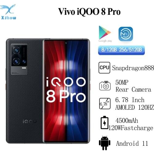 Original iQOO 8 Pro 5G 6.78'' Snapdragon 888 120Hz AMOLED 3200x1440 Screen 4500mAh 120W Flash 50W Wireless Charge 50MP CameraNFC