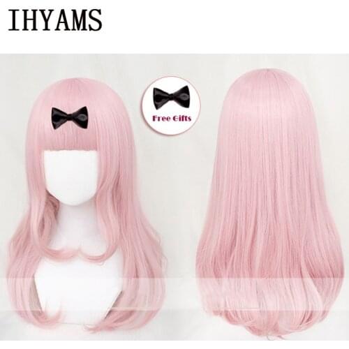 Fujiwara Chika Cosplay Wig Kaguya-sama: Love Is War 55cm Pink Cosplay Costume Wigs With Free Black Bowknot Hairpin + Wig Cap