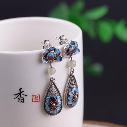 Cloisonne Stud Earrings for Women S925 Sterling Silver Vintage Chinese Style Peony Burnt Blue Silk Hetian Jade South Red Ear Ri