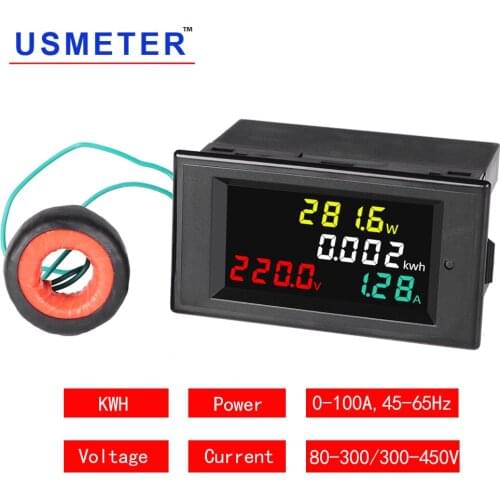 HD Color Screen Voltmeter Ammeter Power Energy Meter 180 degrees Flawless Panel Energy Watt Meter 80-300V 300-450V 100A