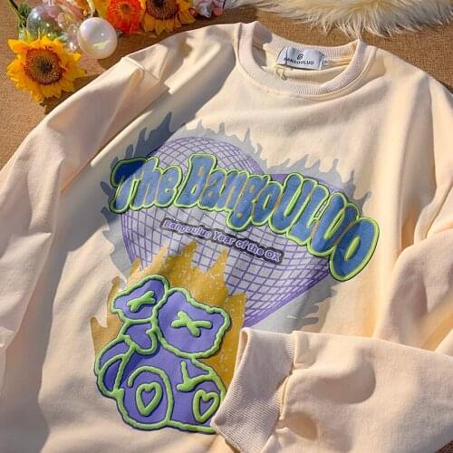 Harajuku Sweatshirt Women Creative Bear Letters Printed Summer Long Sleeve Tops 2021 Autumn Teens Pullovers Japan Korean Fashion