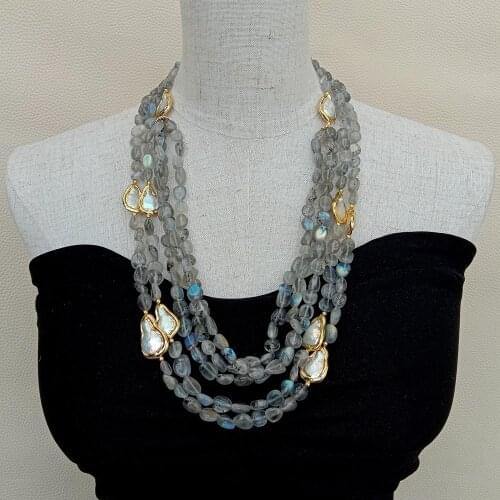 YYGEM 5 Strands Natural Gray Labradorites Freeform Cultured White Teardrop Pearl Necklace vintage for women 24"