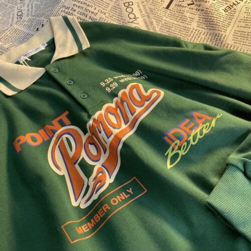 Spring New Women Fashion Long Sleeve Polo Collar Letters Print Loose Oversize T Shirt Vintage Casual Tops Camiseta Mujer