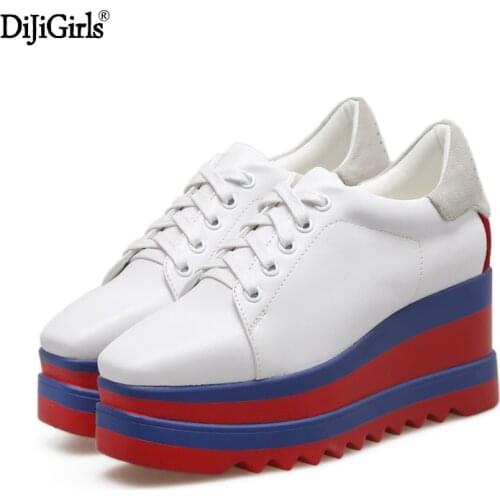 Dijigirls Platform Wedges Shoes 7CM Womans High Heels Fashion Square Toe Lace Up Platform Heels Casual Women Creepers