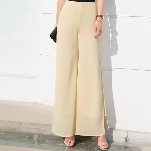 Women Ladies Vintage Loose High Waist Long Trousers Chiffon Side Split Casual Palazzo Pants Wide Leg Pants Pantalones