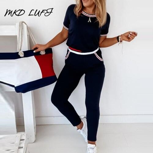 Contrast Binding Short Sleeve Top & Pockets Design Pants Sets Casual Workout Women Two Piece Set