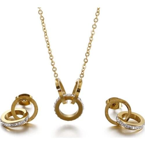 Double ring necklace clavicle chain Roman letter earrings titanium steel jewelry set female