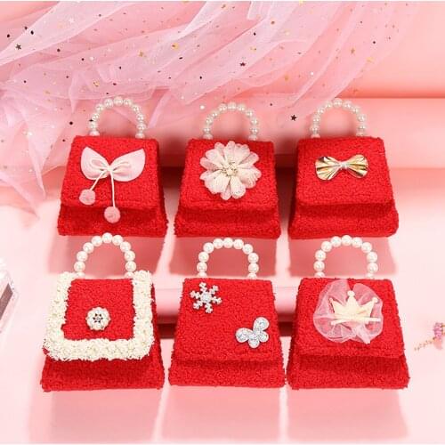 2021 Lovely Kid Velvet Messenger Bag Pearl Crystal Pack Girls Lace Bowknot Square Princess Handbag Crossbody Bags Red