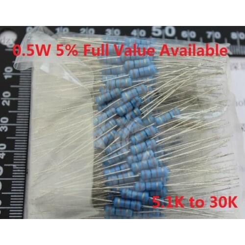 500PCS 1/2W 0.5W Oxide Carbom Metal film Resistor 5.1K/5.6K/6.2K/6.8K/7.5K/8.2K/9.1K/10K/12K/15K/18K/20K/22K/24K/27K/30K/Ohm 5