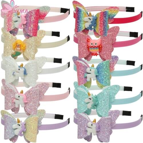 XIMA 10pcs/lot 3inch Glitter Rainbow Hair Bows for Party Hairband Girls Plastic Hairband Unicorn Headband Hair Accessories