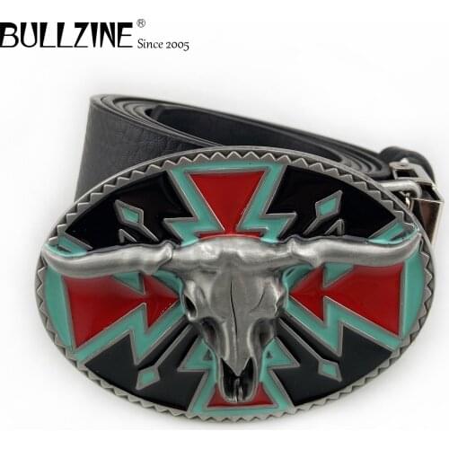 Bullzine zinc alloy retro Bull head Belt buckle jeans belt buckle pewter finish free PU belt FP-03529 drop shipping