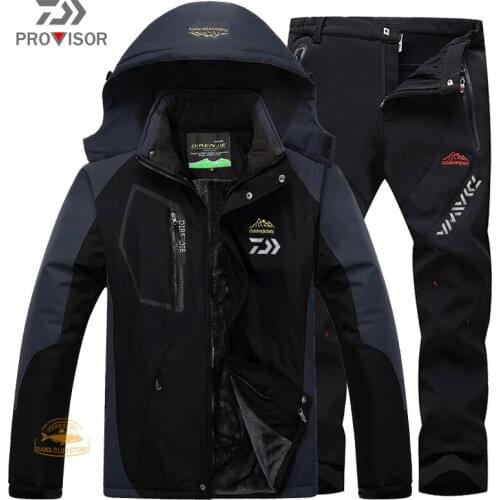 DAIWA Winter Waterproof Fishing Clothes Mens Suit Outdoor Hiking and Skiing Warm and Windproof Cotton Suit Plush Thick Pants
