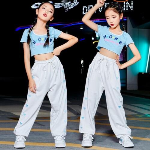 2021 Jazz Modern Dance Costumes Girls Hip Hop Clothing Blue Short Sleeved Loose Pants Festival Clothing Street Dancewear DN9446